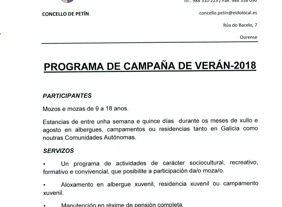 PROGRAMA DE CAMPAÑA DE VERÁN 2018