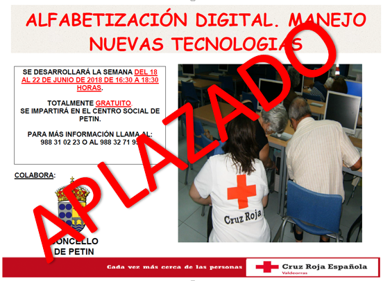 APLAZAMIENTO CURSO ALFABETIZACION DIGITAL. MANEJO NUEVAS TECNOLOGIAS