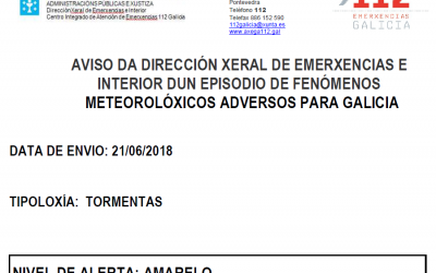 ALERTA AMARELA POR TORMENTAS 21/06/2018