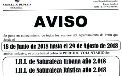 AVISO: COBRO IBI 2018 del 18 de junio hasta el 29 de agosto de 2018
