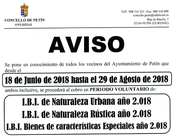 AVISO: COBRO IBI 2018 del 18 de junio hasta el 29 de agosto de 2018