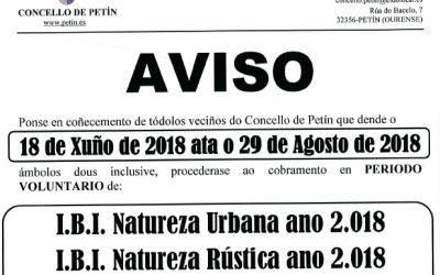 AVISO: COBRAMENTO IBI 2018 do 18 de xuño ata o 29 de agosto de 2018