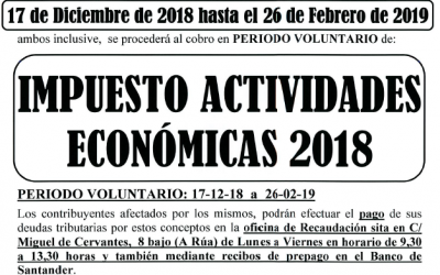 AVISO COBRAMENTO IMPOSTO ACTIVIDADES ECONÓMICAS 2018